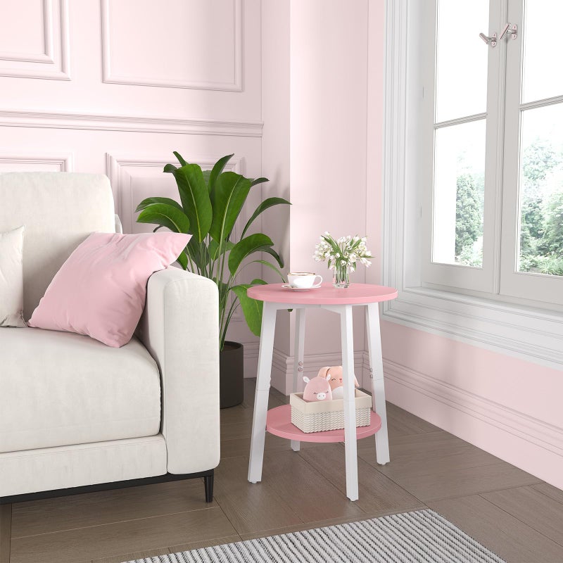 sthmec Side Table, Small Round End Table with Storage Shelf for Small Space, 2-Tier Bedside Table Sofa Couch Table, Round Accent Table Nighstands for Living Room, Bedroom, Pink - Image 2