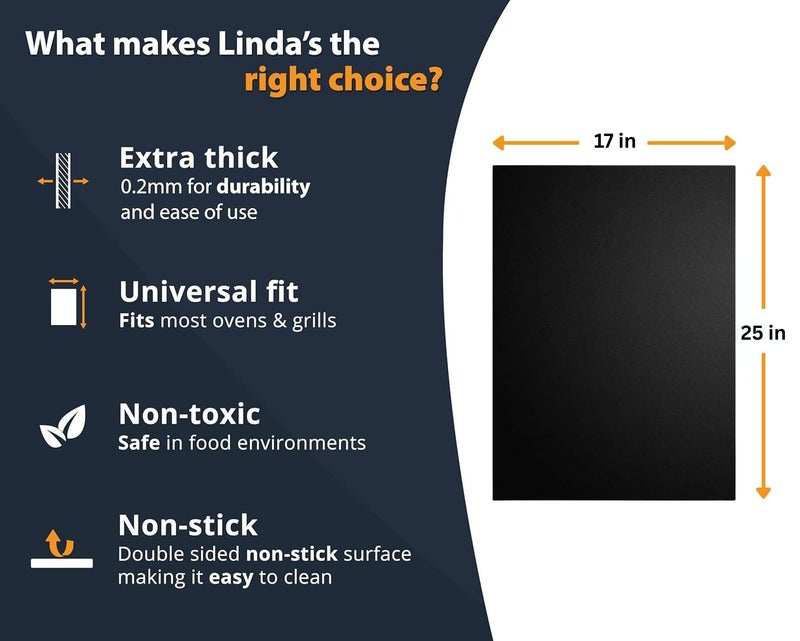 Linda's Essentials Oven Liners for Bottom of Oven - 2 Pack Large Heavy Duty Mats, 17”x25” Non-Stick Reusable Liner for Electric, Gas, Toaster Ovens, Grills - BPA & PFOA Free Kitchen Accessory to Keep Oven Clean (Black) - Image 3