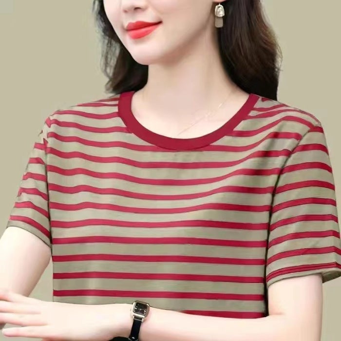 Summer New Women's T-shirt Short-sleeved Top Large Size Loose All-match Half-sleeved Striped Round Neck Mother T-shirt - Image 1