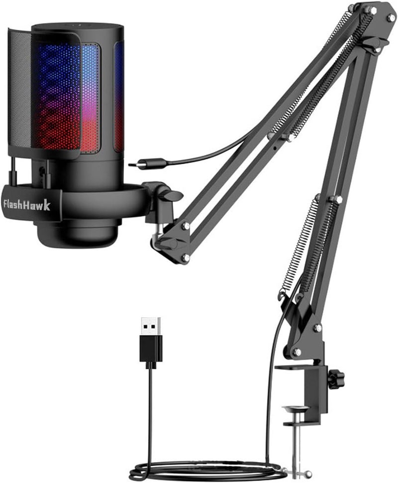 Fh FlashHawk PC USB Gaming Microphone, , Podcast Condenser Mic with Boom Arm, Pop Filter, Mute Button for Streaming, Online Chat, RGB Computer Mic for PS4/5 PC Gamer Youtuber (Black) - Image 1