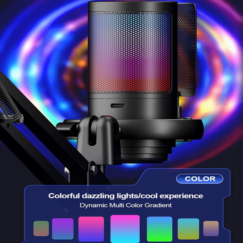 Fh FlashHawk PC USB Gaming Microphone, , Podcast Condenser Mic with Boom Arm, Pop Filter, Mute Button for Streaming, Online Chat, RGB Computer Mic for PS4/5 PC Gamer Youtuber (Black) - Image 3