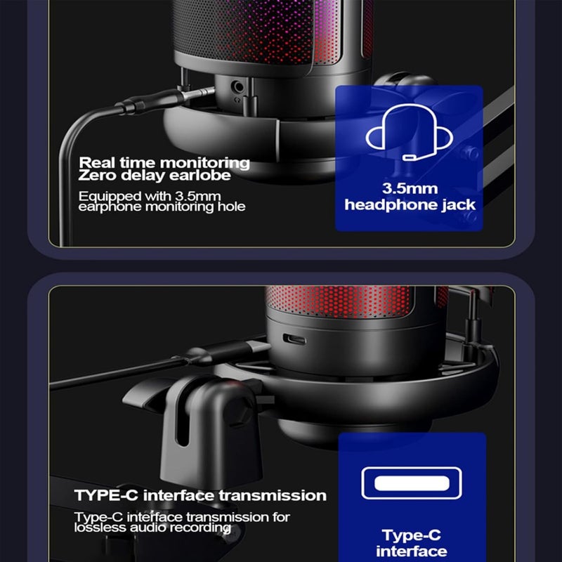 Fh FlashHawk PC USB Gaming Microphone, , Podcast Condenser Mic with Boom Arm, Pop Filter, Mute Button for Streaming, Online Chat, RGB Computer Mic for PS4/5 PC Gamer Youtuber (Black) - Image 4