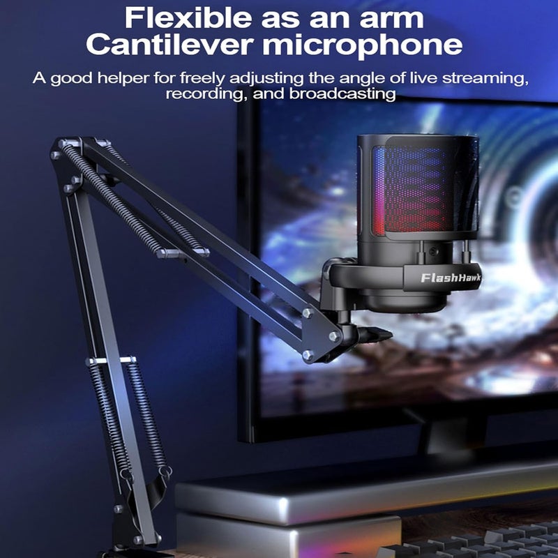 Fh FlashHawk PC USB Gaming Microphone, , Podcast Condenser Mic with Boom Arm, Pop Filter, Mute Button for Streaming, Online Chat, RGB Computer Mic for PS4/5 PC Gamer Youtuber (Black) - Image 2