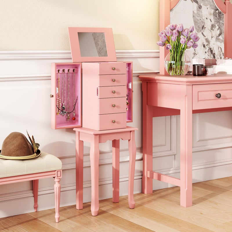 Giantex Standing Jewelry Armoire Cabinet with 4 Drawers, Flip Top Mirror, Top Storage Compartments, 2 Side Doors with 8 Necklace Hooks, Freestanding Jewelry Organizer Box Chest (Pink) - Image 2