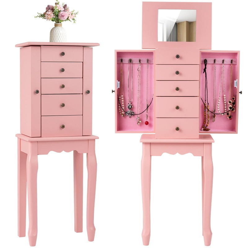 Giantex Standing Jewelry Armoire Cabinet with 4 Drawers, Flip Top Mirror, Top Storage Compartments, 2 Side Doors with 8 Necklace Hooks, Freestanding Jewelry Organizer Box Chest (Pink) - Image 1