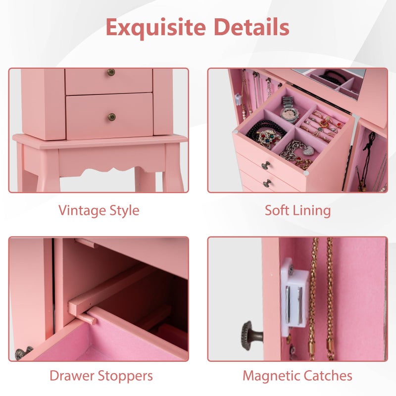 Giantex Standing Jewelry Armoire Cabinet with 4 Drawers, Flip Top Mirror, Top Storage Compartments, 2 Side Doors with 8 Necklace Hooks, Freestanding Jewelry Organizer Box Chest (Pink) - Image 5