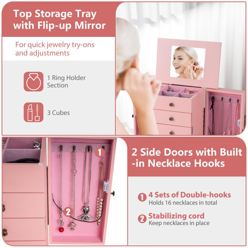 Giantex Standing Jewelry Armoire Cabinet with 4 Drawers, Flip Top Mirror, Top Storage Compartments, 2 Side Doors with 8 Necklace Hooks, Freestanding Jewelry Organizer Box Chest (Pink) - Image 4