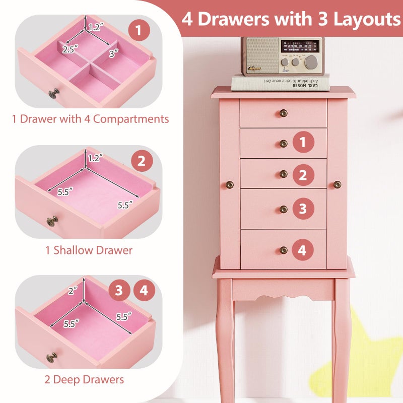 Giantex Standing Jewelry Armoire Cabinet with 4 Drawers, Flip Top Mirror, Top Storage Compartments, 2 Side Doors with 8 Necklace Hooks, Freestanding Jewelry Organizer Box Chest (Pink) - Image 3