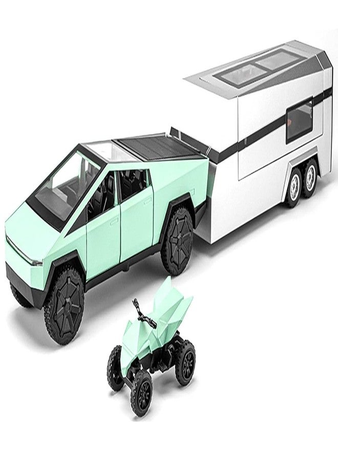 NISHCHAY ENTERPRISE Tesla Cybertruck Diecast Model 1:32 Scale | Alloy Metal Off-Road Pickup Truck with Trailer, Sound & Light | Pullback Toy Vehicle for Kids & Collectors【Green Colour】 - Image 1