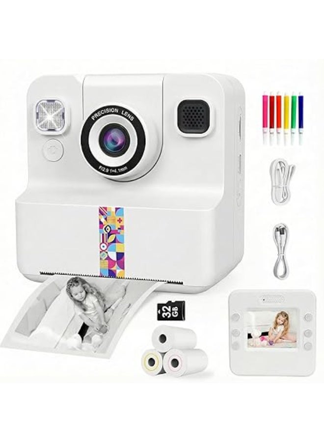 M.A&F's Single Colour Instant Print Camera for Kids with Flip Selfie, 1080P HD Kids Camera Toys with Print Paper, 32GB Card & Colored Pens, Birthday Gifts for Girls and Boys Age 3–12 Years Old - Image 1