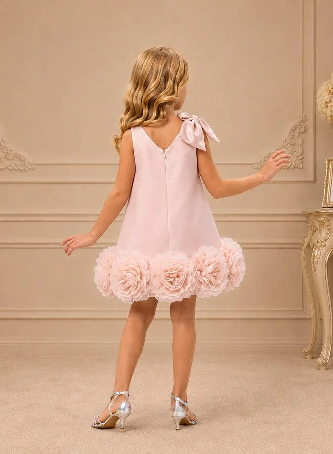 فيا بامبينو Blush Bow-Shoulder Floral-Hem Satin Dress 3460