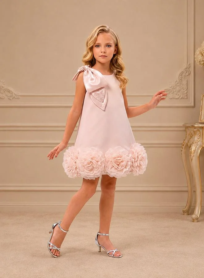 فيا بامبينو Blush Bow-Shoulder Floral-Hem Satin Dress 3460