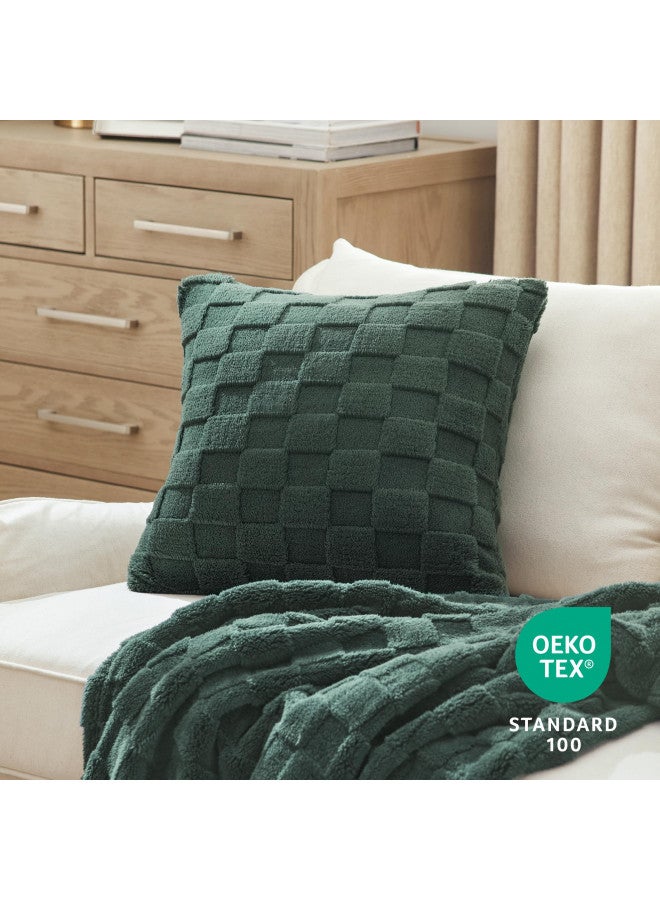 Bedsure Bedsure Throw Pillow Covers 18x18 Inch - Pack of 2 Mallard Green Luxury Soft Cozy Fluffy Fuzzy, Checkered Pillow Cover, Home Decor for Sofa Couch Bed  - Image 2