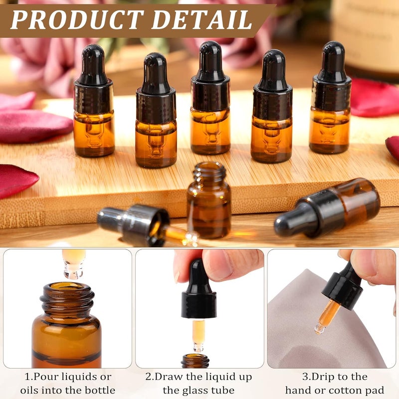 Nuogo 100 Pcs Amber Glass Mini Dropper Bottles Essential Oil Dropping Small Empty Sample Vial with Dropper and Black Caps Tiny Amber Glass Bottles Perfume Jars for Travel(2 ml) - Image 3