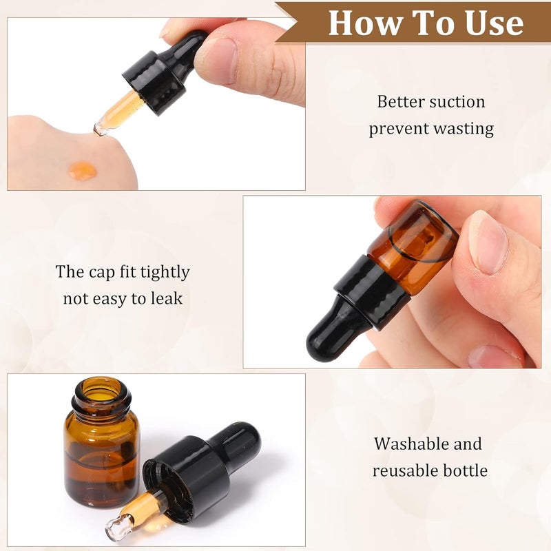 Nuogo 100 Pcs Amber Glass Mini Dropper Bottles Essential Oil Dropping Small Empty Sample Vial with Dropper and Black Caps Tiny Amber Glass Bottles Perfume Jars for Travel(2 ml) - Image 4