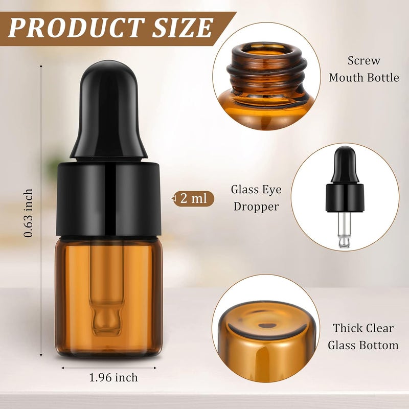 Nuogo 100 Pcs Amber Glass Mini Dropper Bottles Essential Oil Dropping Small Empty Sample Vial with Dropper and Black Caps Tiny Amber Glass Bottles Perfume Jars for Travel(2 ml) - Image 2