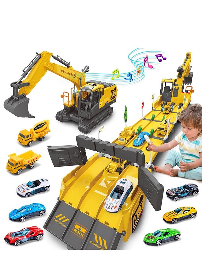 XiuWoo Excavator Toys for Boys with 6 Metal Racing Cars and 2 Engineering Vehicle, Foldable Ejection Vehicle with Lights & Sound for 3 4 5 6 7 Years Old Boys Gifts 