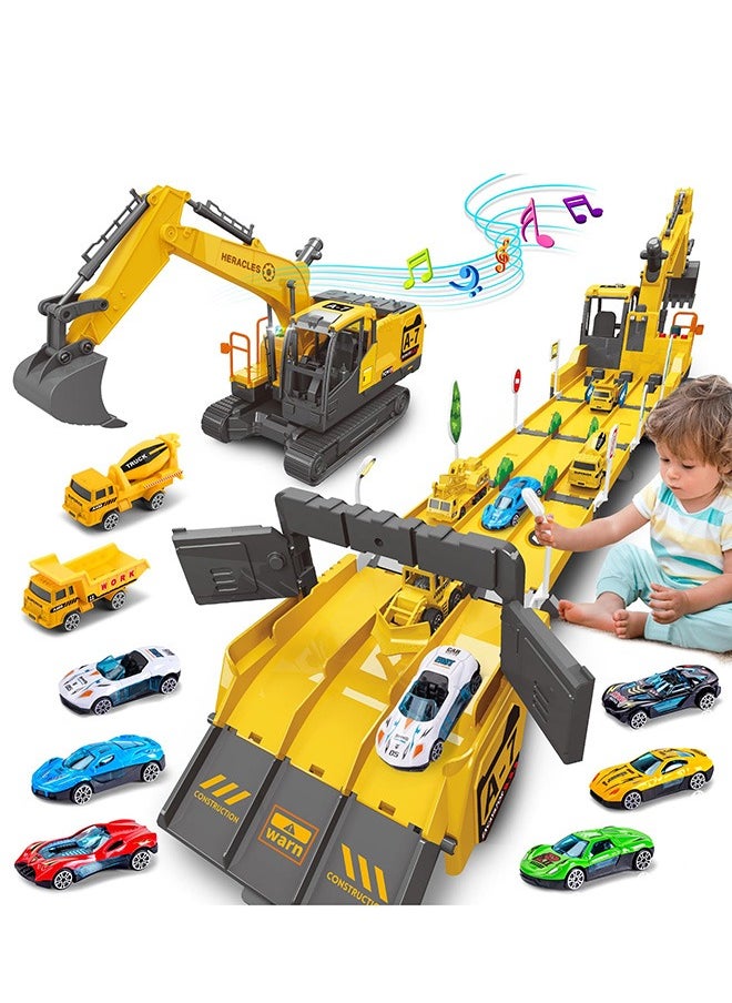 XiuWoo Excavator Toys for Boys with 6 Metal Racing Cars and 2 Engineering Vehicle, Foldable Ejection Vehicle with Lights & Sound for 3 4 5 6 7 Years Old Boys Gifts  - Image 1