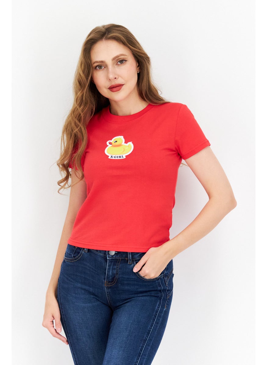 X-Girl Women Round Neck Short Sleeve Graphics Top, Red  - Image 1