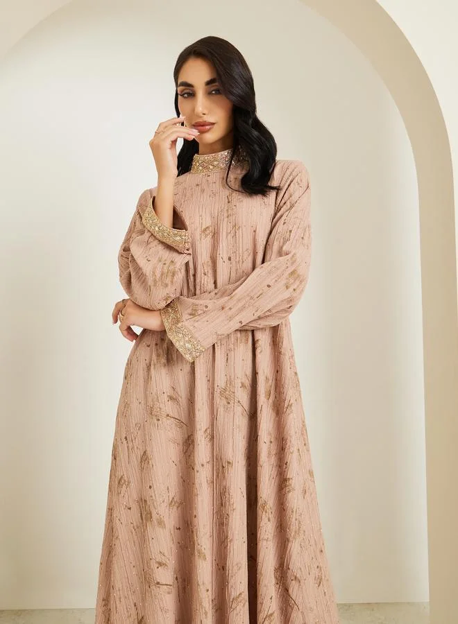 Amirah Women Beige Embellished Collar Jalabiya