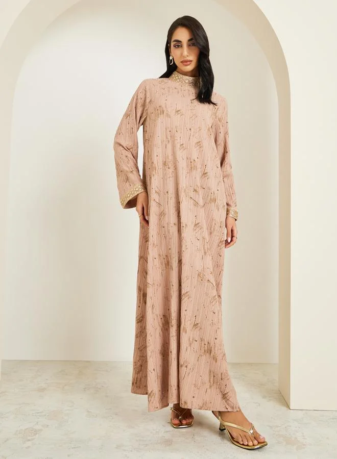 Amirah Women Beige Embellished Collar Jalabiya