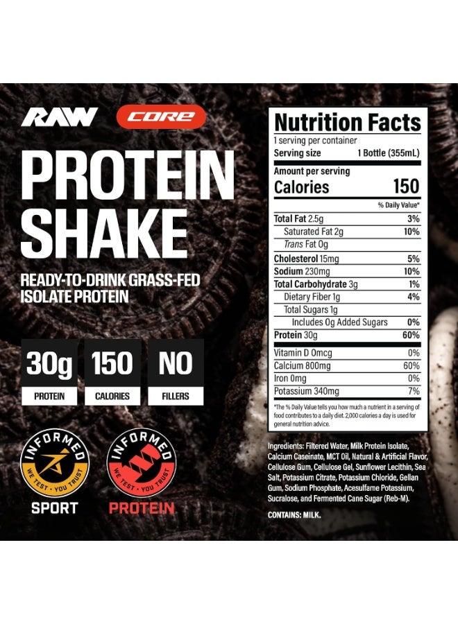 RAW Core Ready-to-Drink (RTD) Protein Shake – Cookies & Cream | 30g Grass-Fed Isolate Protein, 150 Calories, 0g Added Sugar – Informed Sport Certified (12oz Bottle) - Image 4