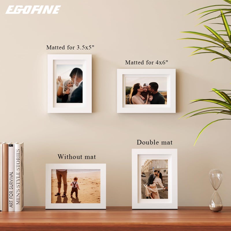 Egofine 5x7 Picture Frames Set of 4, Made of Solid Wood Covered by Plexiglass 3.5x5 and 4x6 with Mat or 5x7 without Mat, for Table Top Display and Wall Mounting Photo Frame White - Image 5