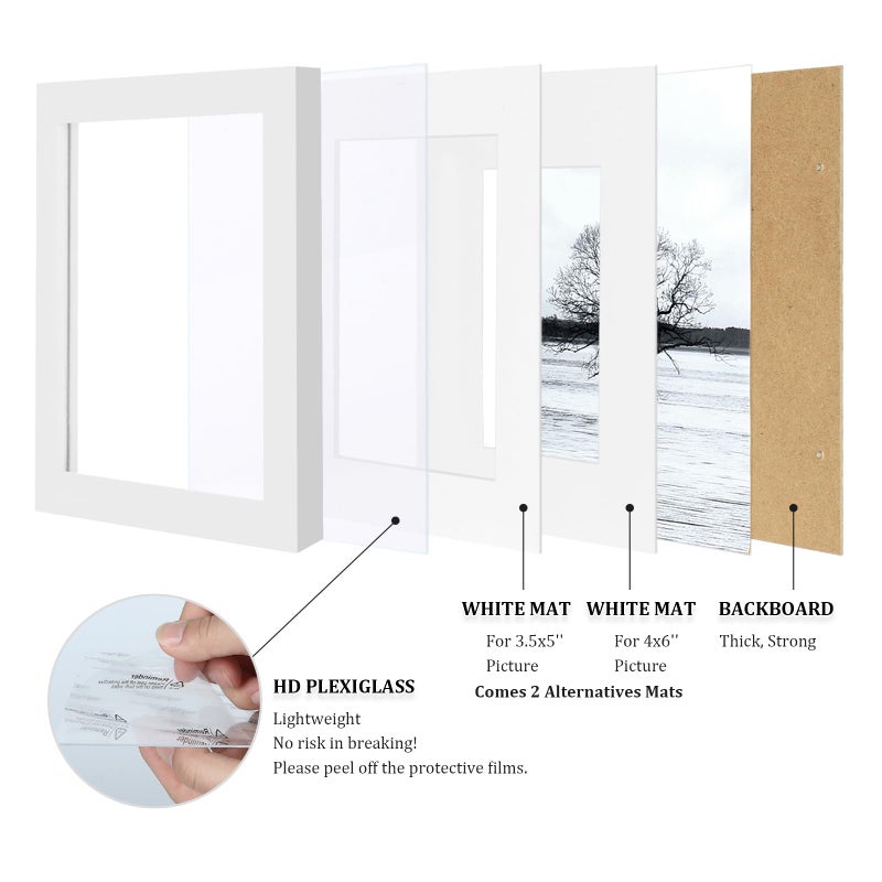 Egofine 5x7 Picture Frames Set of 4, Made of Solid Wood Covered by Plexiglass 3.5x5 and 4x6 with Mat or 5x7 without Mat, for Table Top Display and Wall Mounting Photo Frame White - Image 4