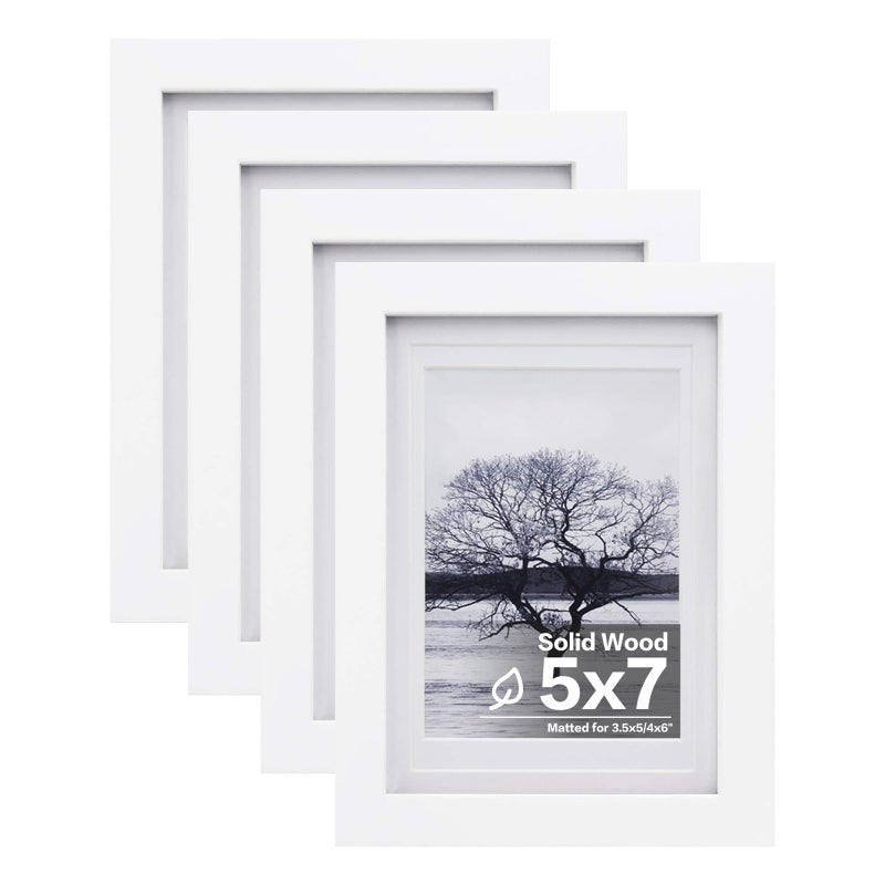 Egofine 5x7 Picture Frames Set of 4, Made of Solid Wood Covered by Plexiglass 3.5x5 and 4x6 with Mat or 5x7 without Mat, for Table Top Display and Wall Mounting Photo Frame White - Image 1