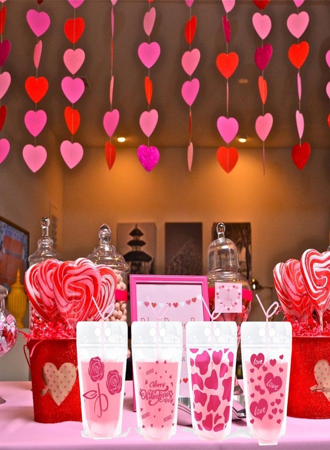 BASEMMAHER 20Pcs Heart Drink Pouches With Straws - Valentine's Day Pink Heart Rose Juice Bags - Reusable Clear Zipper Plastic Pouches for Birthday Party Supplies - Image 5