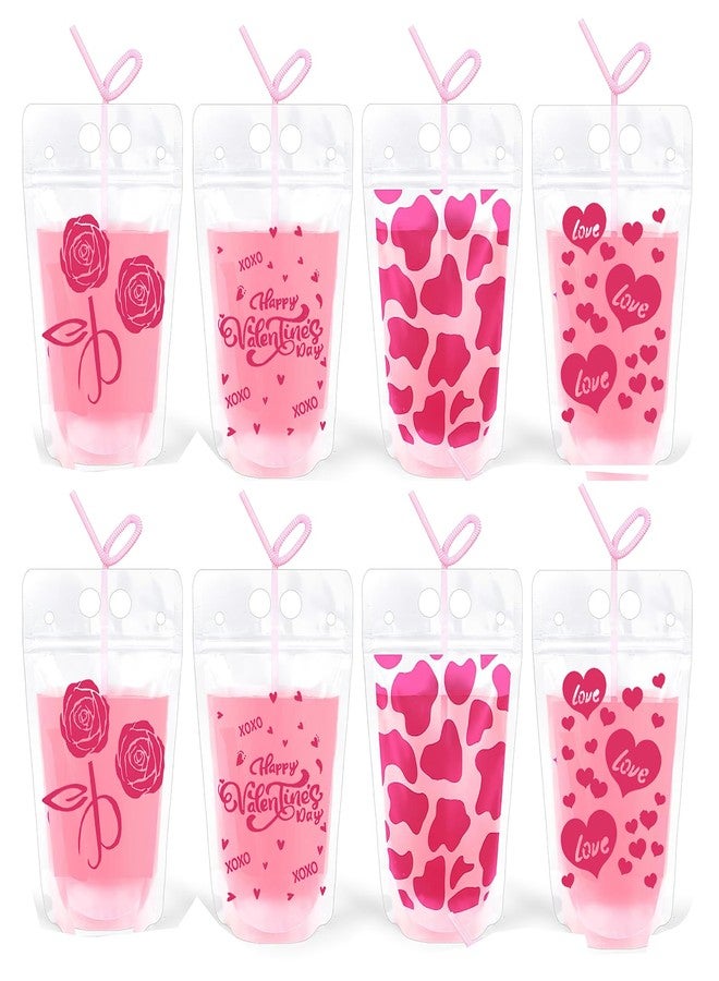 BASEMMAHER 20Pcs Heart Drink Pouches With Straws - Valentine's Day Pink Heart Rose Juice Bags - Reusable Clear Zipper Plastic Pouches for Birthday Party Supplies - Image 1