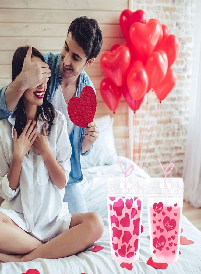 BASEMMAHER 20Pcs Heart Drink Pouches With Straws - Valentine's Day Pink Heart Rose Juice Bags - Reusable Clear Zipper Plastic Pouches for Birthday Party Supplies - Image 4