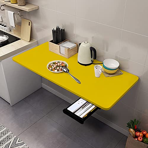 QARA Wood 31.5 X 18 Inches Wall Mounted Table With Drawer | Folding Round Corner Study | Foldable (Yellow), Powder Coated - Image 1