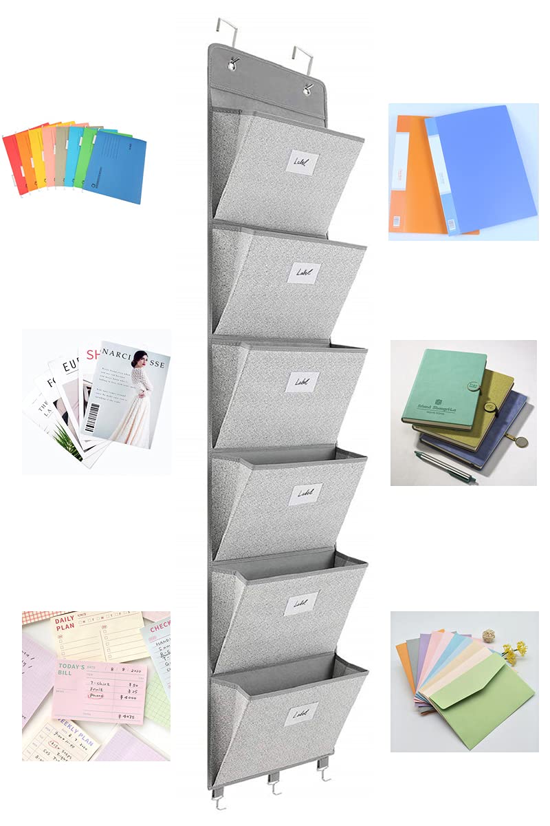 Geodurn Over The Door File Organizer - 6 Extra Large Pockets Hanging Wall Mounted Storage Files Holder Pocket Chart for Magazine, Notebooks, Planners, Mails etc. Office Home Supplies - Image 2