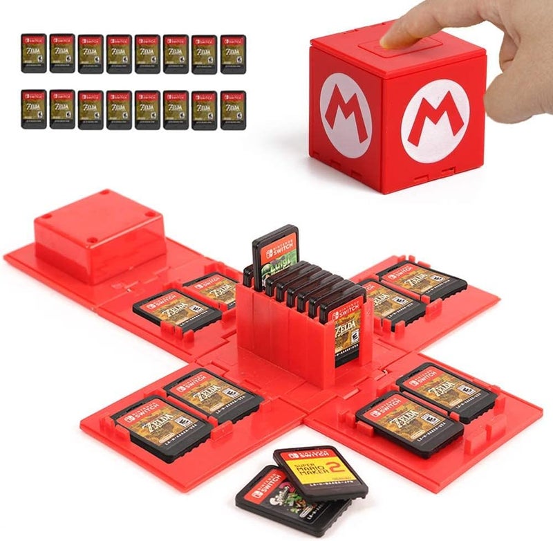 حافظة بطاقات ألعاب doepeBAE لجهاز Nintendo Switch، قابلة للتشوه والتوسعة، صندوق تخزين بطاقات ألعاب مكعبي الشكل، منظم بطاقات ألعاب ذو سعة كبيرة مع 16 فتحة للبطاقات (لون أحمر) - Image 1
