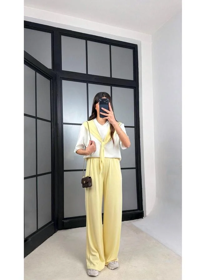 GAUS Yellow Scarf Detailed Basic T‑shirt with Waist‑Elastic Pants Two‑Piece Tracksuit GAUS‑01284.