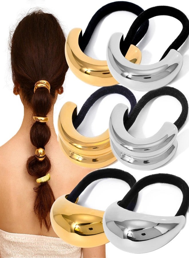 KuuGuu 6 PCS Metal Hair Ties Geometric Elastic Hair Ties Fashion Anti-Slip Glossy Arch Ponytail Hair Band Elegant Hair Cuff Wrap Hair Ties for Thick Hair for Women Hair Accessories （Gold, Silver） - Image 1