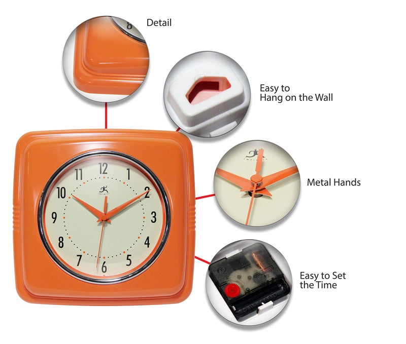 Infinity Instruments Retro – 9 Inch Square Silent Non-Ticking Mid Century Modern – Kitchen, School, Classroom – Vintage Decorative – Orange - Image 5