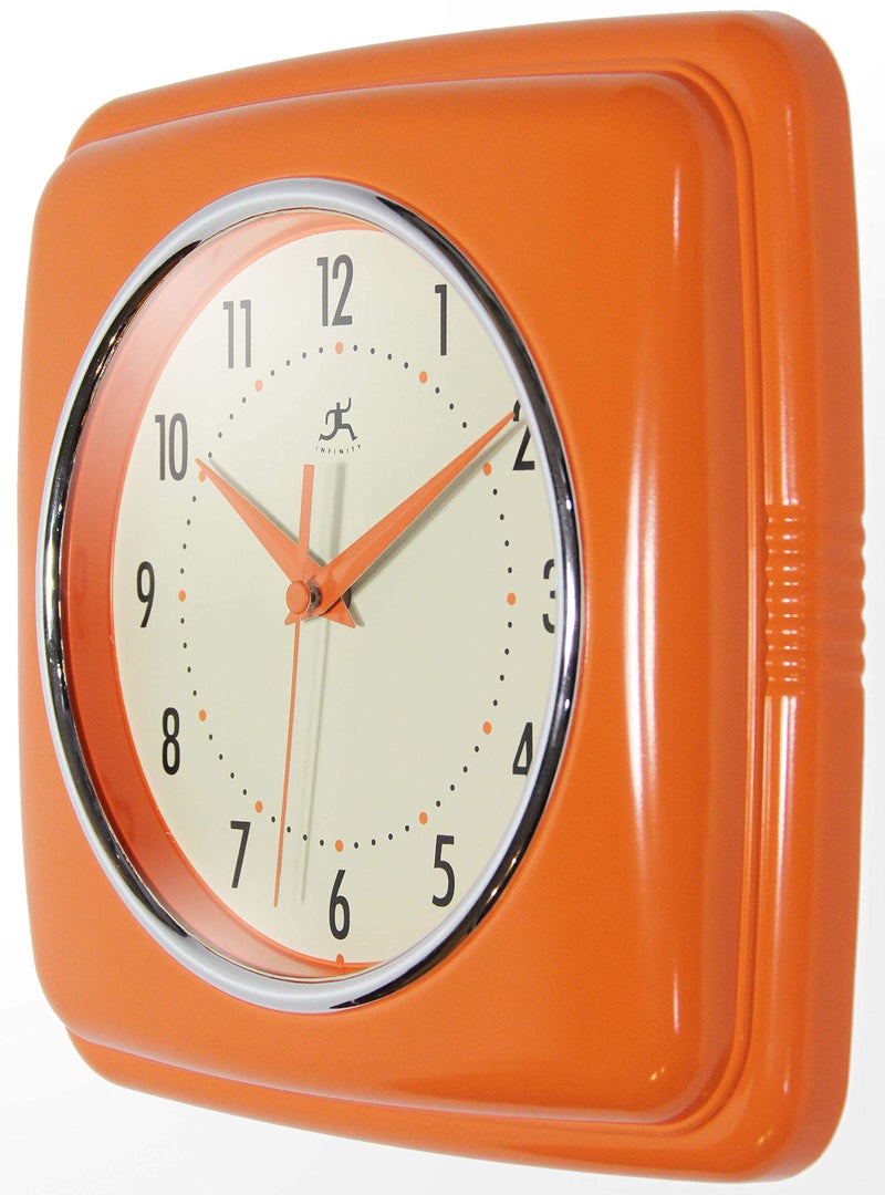 Infinity Instruments Retro – 9 Inch Square Silent Non-Ticking Mid Century Modern – Kitchen, School, Classroom – Vintage Decorative – Orange - Image 2