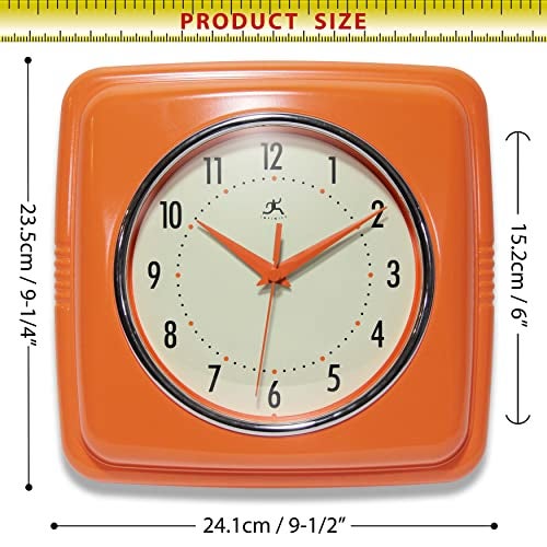 Infinity Instruments Retro – 9 Inch Square Silent Non-Ticking Mid Century Modern – Kitchen, School, Classroom – Vintage Decorative – Orange - Image 4