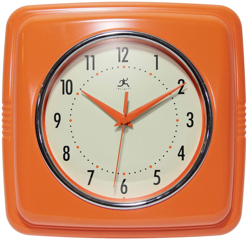 Infinity Instruments Retro – 9 Inch Square Silent Non-Ticking Mid Century Modern – Kitchen, School, Classroom – Vintage Decorative – Orange - Image 1