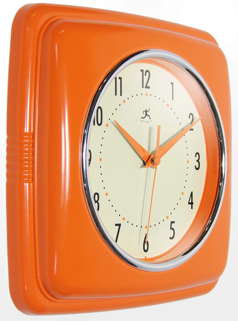Infinity Instruments Retro – 9 Inch Square Silent Non-Ticking Mid Century Modern – Kitchen, School, Classroom – Vintage Decorative – Orange - Image 3