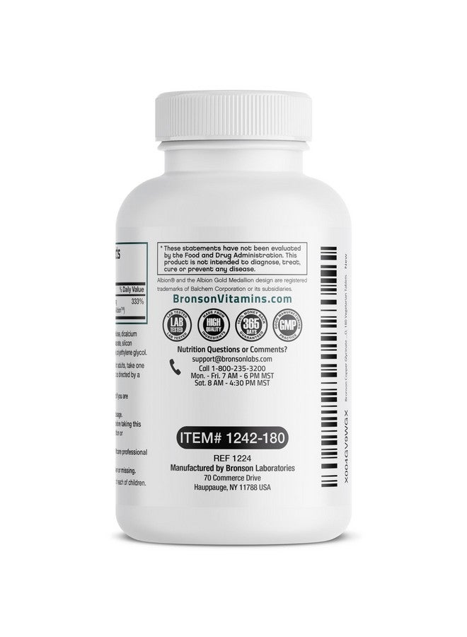 Bronson برونسون نحاس جليسينات 3 ملغ مخلب امتصاص متفوق غير معدّل وراثيًا، 180 قرص نباتي - Image 5