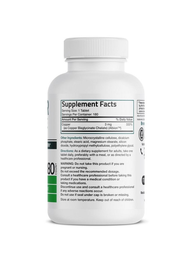 Bronson برونسون نحاس جليسينات 3 ملغ مخلب امتصاص متفوق غير معدّل وراثيًا، 180 قرص نباتي - Image 2
