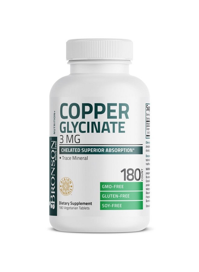 Bronson برونسون نحاس جليسينات 3 ملغ مخلب امتصاص متفوق غير معدّل وراثيًا، 180 قرص نباتي - Image 1