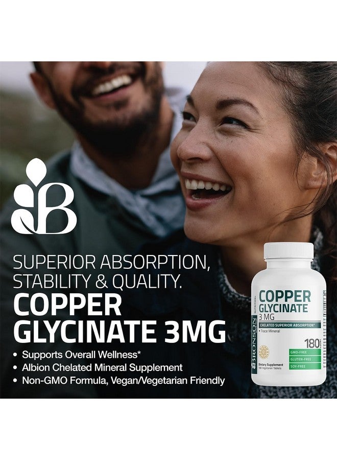 Bronson برونسون نحاس جليسينات 3 ملغ مخلب امتصاص متفوق غير معدّل وراثيًا، 180 قرص نباتي - Image 4