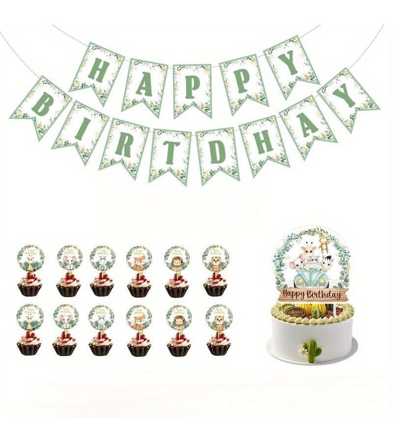 14 Pcs Floral And Leafy Jungle Animal Theme Party Decorations Including 13 Animal Cards And 1 Banner For Birthday Setup - Image 5