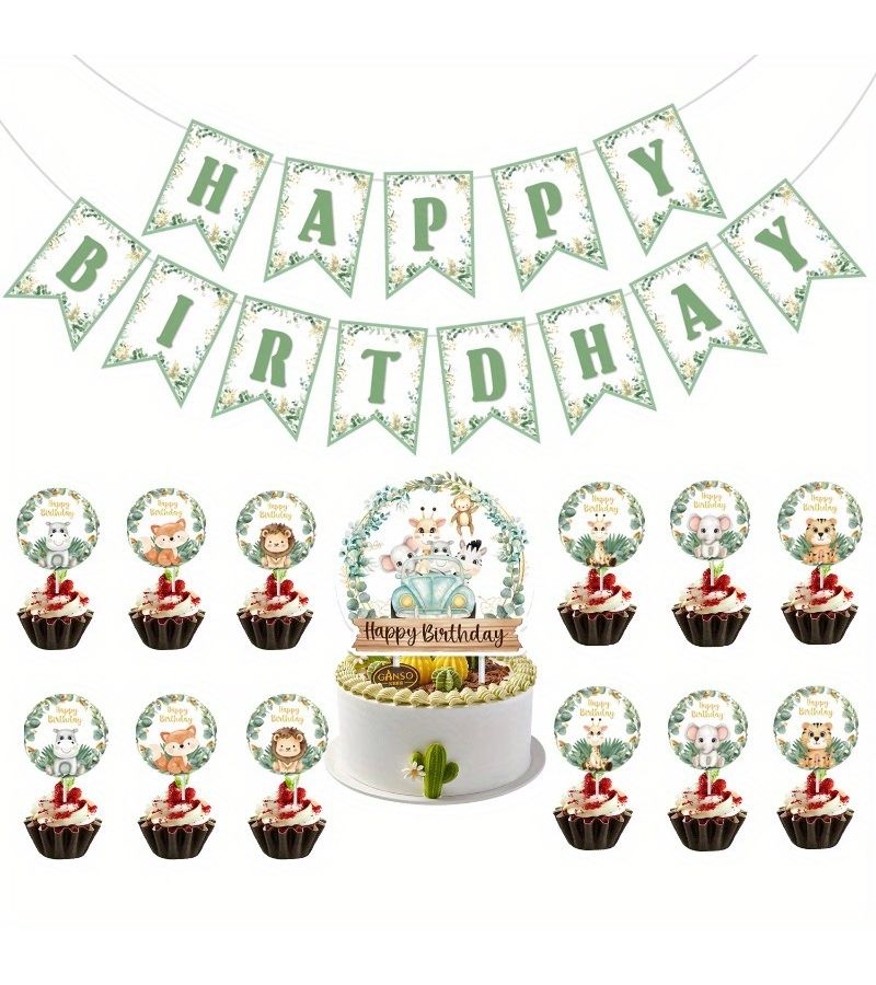 14 Pcs Floral And Leafy Jungle Animal Theme Party Decorations Including 13 Animal Cards And 1 Banner For Birthday Setup - Image 1