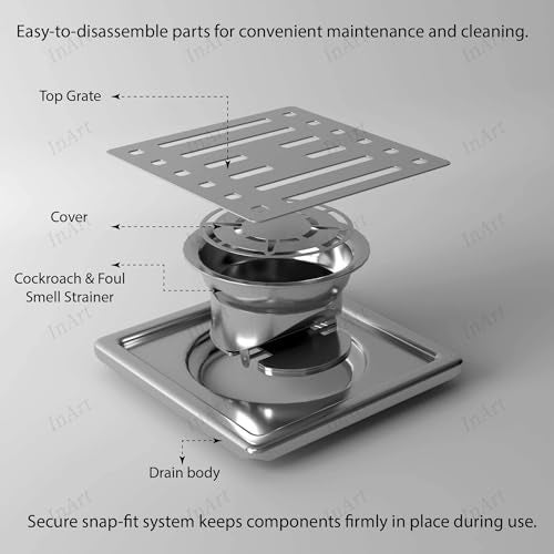 InArt Grid 5x5 Inch Flat Cut Floor Drain Jali | 304-Grade Stainless Steel Bathroom Drainer with Anti-Cockroach Trap - 5 Year Warranty - Image 2