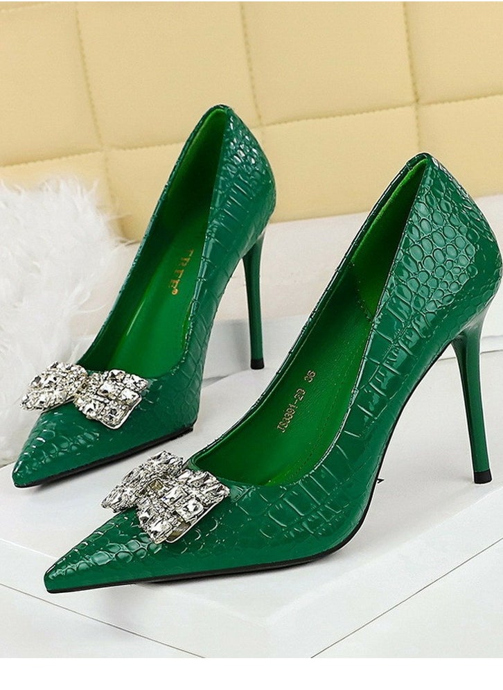 BIGTREE Women's Patent Leather Closed Pointed Toe Stiletto Pump Rhinestone Bowknot Decoration High Heels Green 10CM  - Image 1